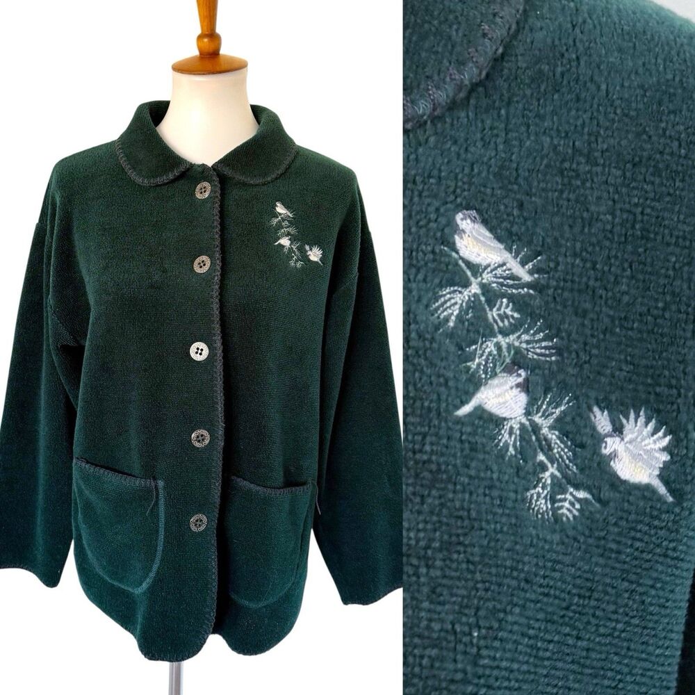 Vtg Artisans Sunschein Green Embroidered Birds Pockets Button Up Knit Cardigan M